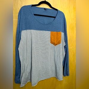 Striped Patchwork Round Neck Patched Pocket T-shirt